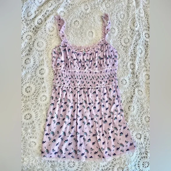 For Love and Lemons Lola Pointelle Dress purple ditsy floral baby doll dress - Picture 4 of 9